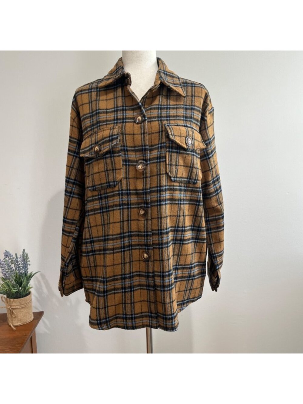 Veveret Flannel Plaid Shacket Womens S Brown/Blue Oversized Pockets - Picture 1 of 8